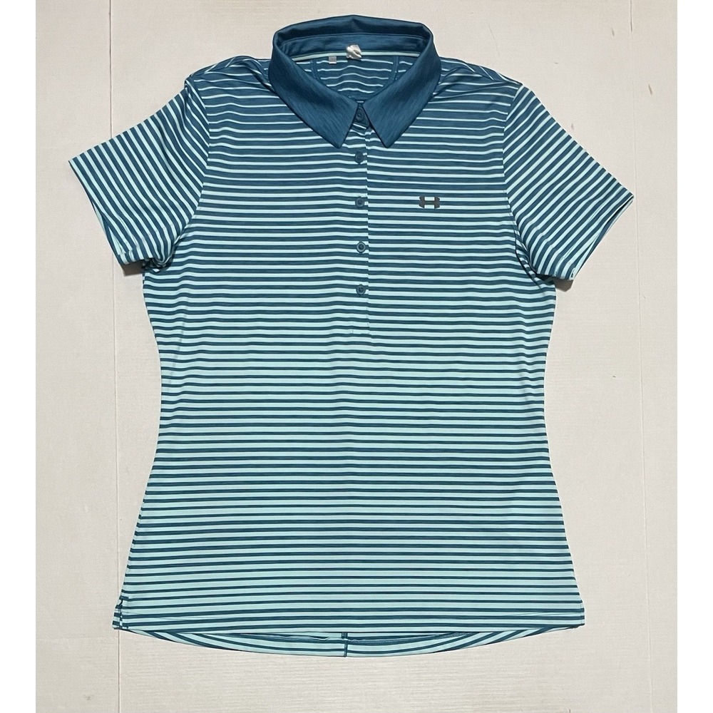 Under Armour Women's Golf Polo Shirt Blue Striped Performance Stretch Medium
